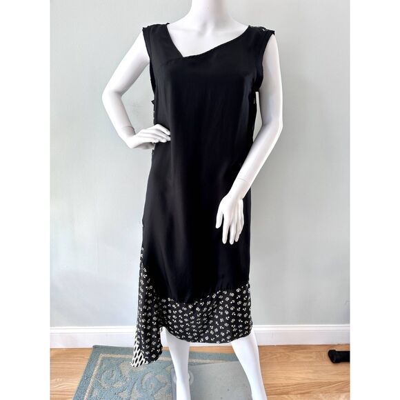 Pure DKNY Asymmetrical Black Silk Dress NWT Sleeveless Mixed Print size Large - Picture 1 of 11